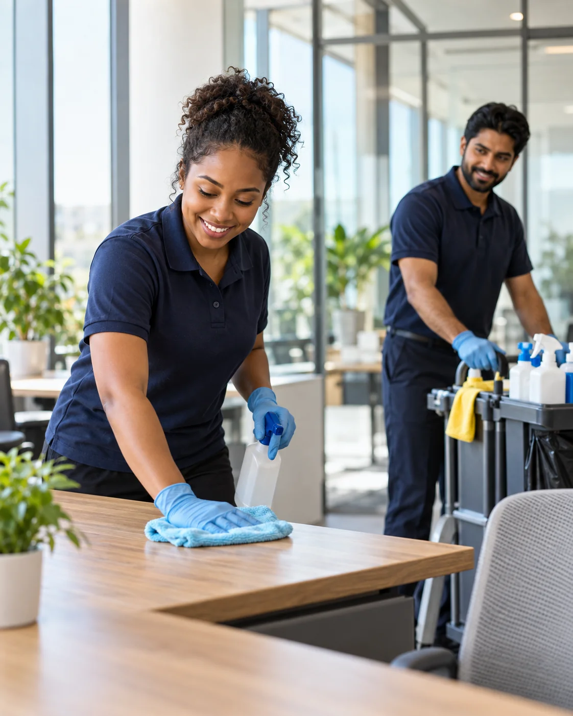 Professional cleaning team working in a bright office