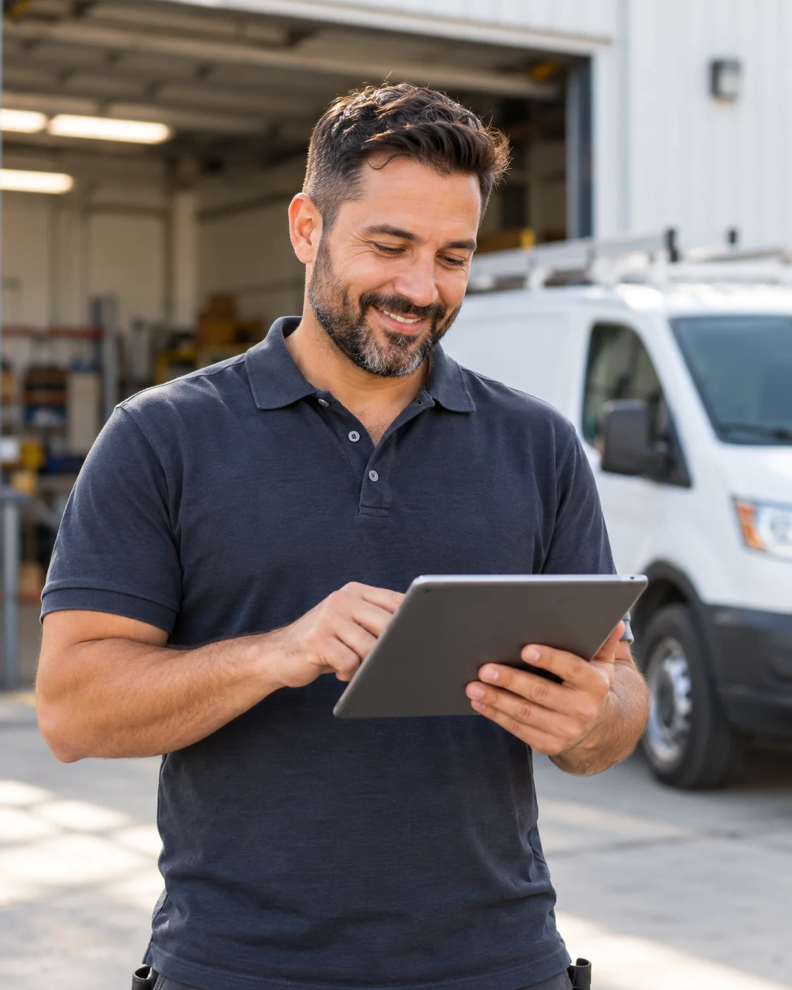 Service business owner reviewing work on a tablet