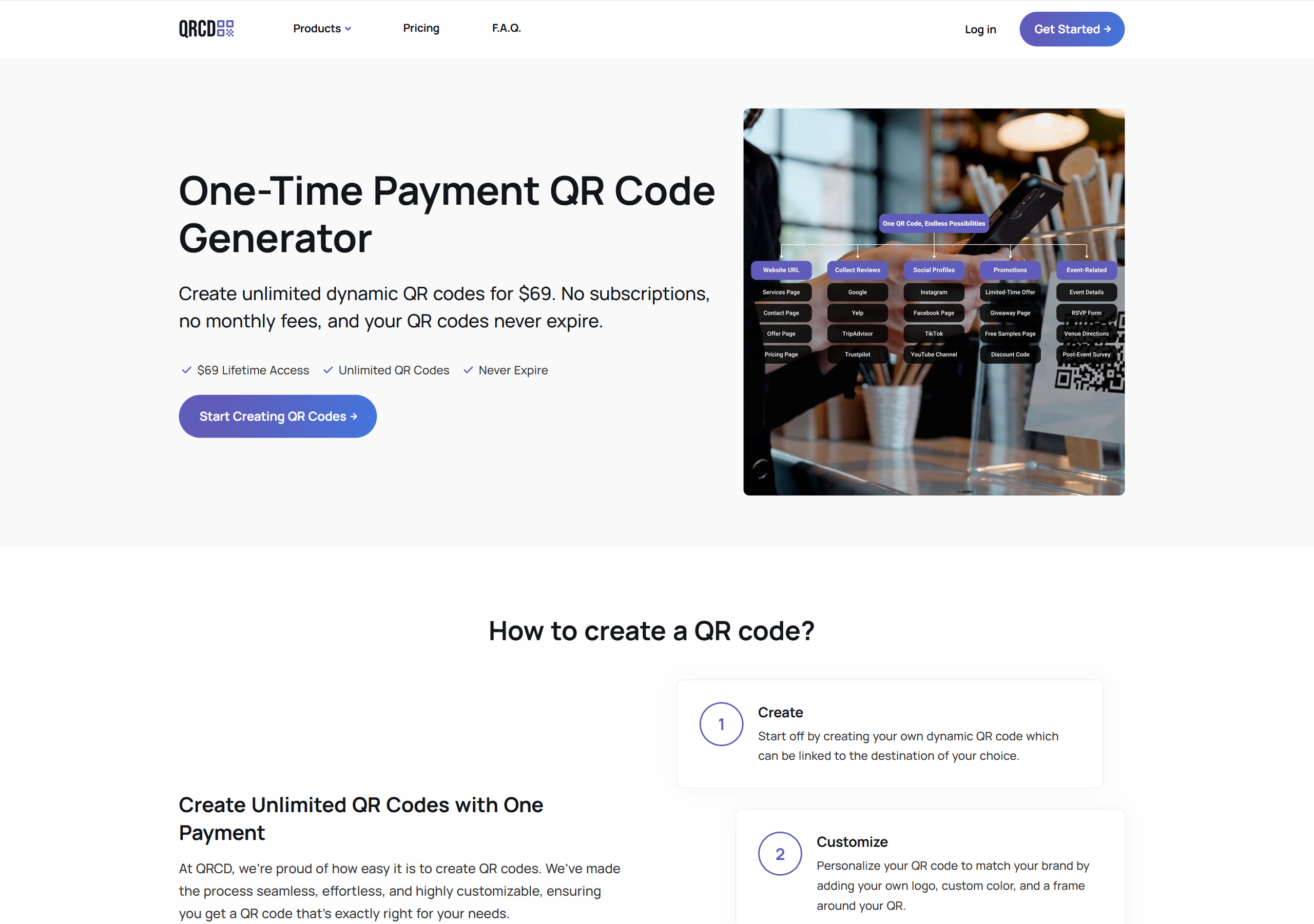 Screenshot of the QRCD.com home page
